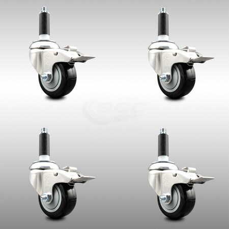Service Caster 3 Inch 316SS Black Poly Swivel 7/8 Inch Expanding Stem Caster Set Lock Brake SCC-SS316TTLEX20S314-PPUB-BLK-78-4